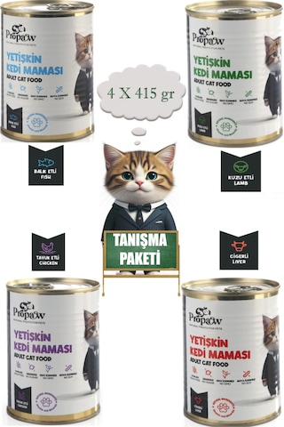 Propaw Premium Parça Etli Jöleli Ciğerli + Tavuklu + Kuzulu + Balıklı Tanışma Paketi Yetişkin Kedi Maması 4 x 415 G