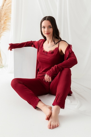 Sabahlıklı Dantel Detaylı Pegasus Kadın Pijama Takımı-çeyizlik Takım- Geniş Beden Aralığı Bordo