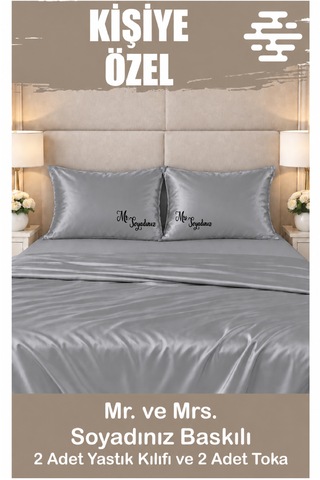Kişiye Özel Baskılı Saten Yastık Kılıfı 2 Adet 50x70cm 2 Adet Hediye Saten Tokalı Gri