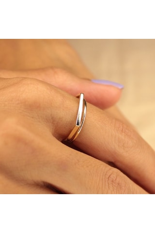 Taşsız Altın Yüzük - 14 Ayar Altın Çift Çizgi Minimal Altın Kadın Yüzük - Sevgiliye Hediye Yüzük Sarı Altın