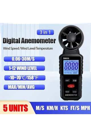 Boatshop1 Siyah El Tipi Dijital Anemometre Ruzgar Hizi Sicaklik Ve Seviye Olcer Pilsiz Black