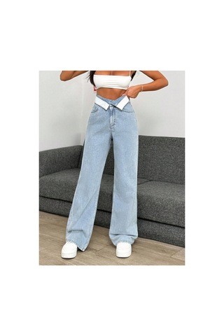 Kene Jeans Yüksek Bel Kemer Yakalı Bol Paça Jeans Mavi
