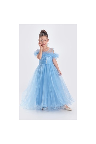 Mnk Baby & Kids Uzun Etek Kız Çocuk Robası Şifon Abiye M00723 Mavi