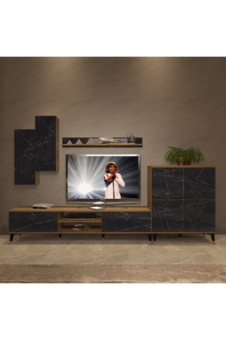 Decoraktiv Eko 6 Mdf Dvd Gold Tv Ünitesi Tv Sehpası - Pera Siyah Mermer Safir Meşe - Royal Mermer