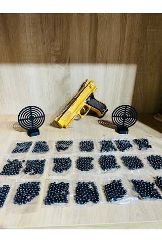 Gold Renk Boncuklu Oyuncak Tabanca 1 Adet + 2 Adet Hedef 9 Cm Siyah + 21 Paket Boncuk Karışık
