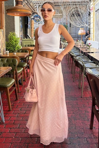 Madmext Pembe Minimal Puantiye Desen Şifon Astarlı Etek Mg2821