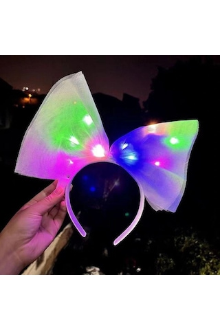 Rengarenk Led Işıklı Fiyonk Şekilli Tül Parti Tacı Beyaz Renk 25x25 Cm Çocuk