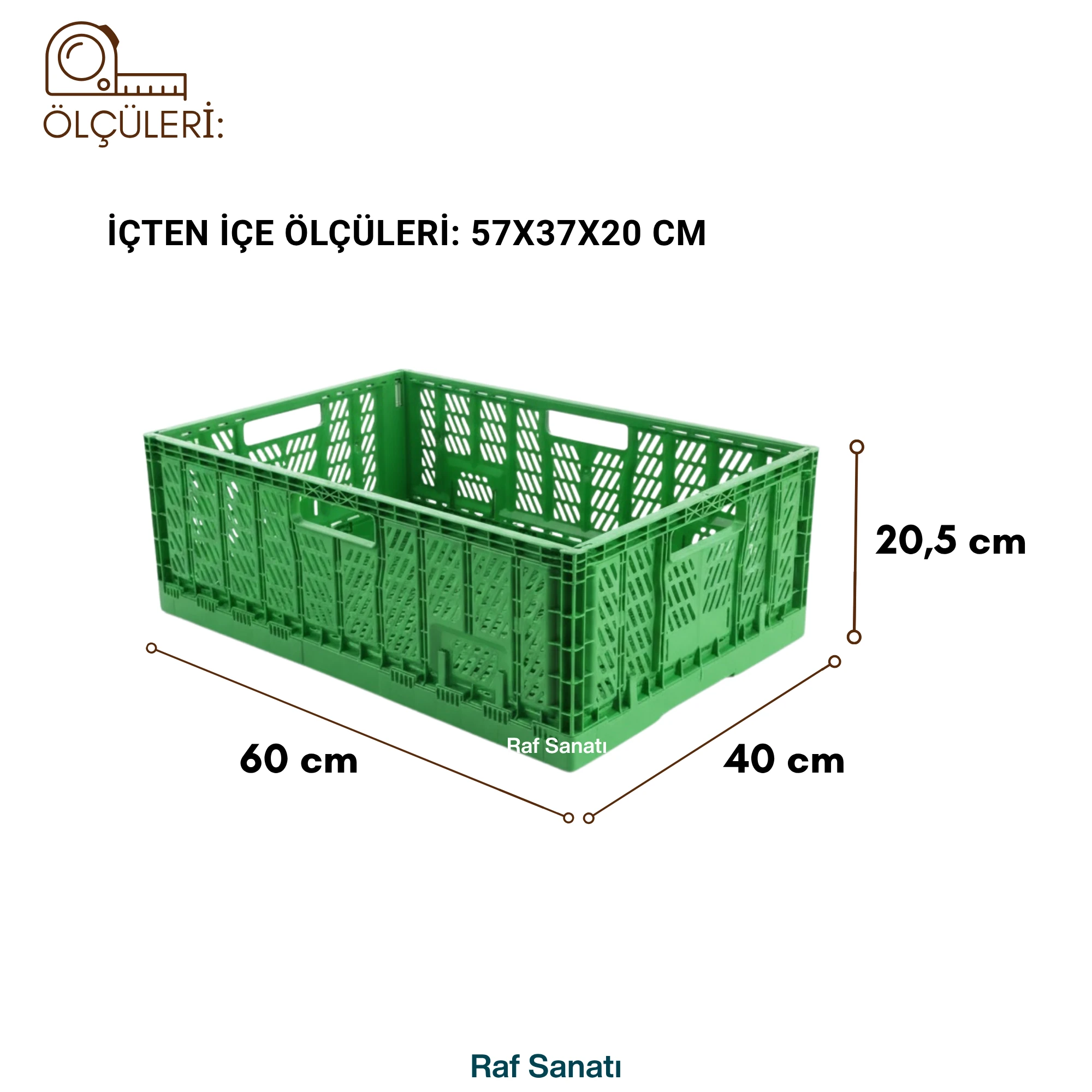 Katlanır Plastik Kasa 60x40x20 Cm, Bagaj Düzenleyici, Saklama Ve Reyon Manav Kasası Çok Amaçlı Sepet Yeşil
