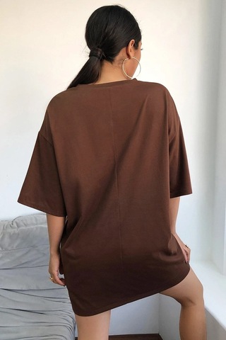 Flood Of Style Unisex Woman One Line Baskılı T-shirt Kahverengi