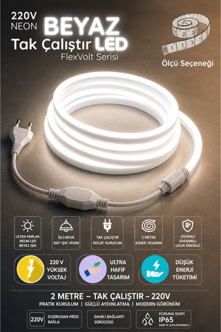 2 Metre Beyaz 220v Neon Led Şerit ,tak Çalıştır Set, Fişli Esnek Şerit Led, ,turuncu Led,mutfak,tezgah Ledi, Neon Led Şerit Işık ,ambiyans Işık Havuzu, Balkon, Teras Ve Ev İçin Dekoratif Led Beyaz