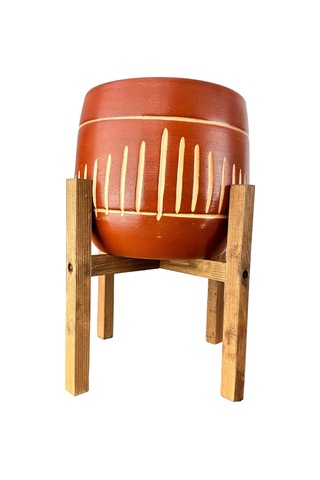 Bitki Tasarımı Ev Dekorasyon Aksesuar Dik Çizgi Desenli Toprak Saksı Saksılık Salon Çiçeklik 4 Ayaklı - 19 CM