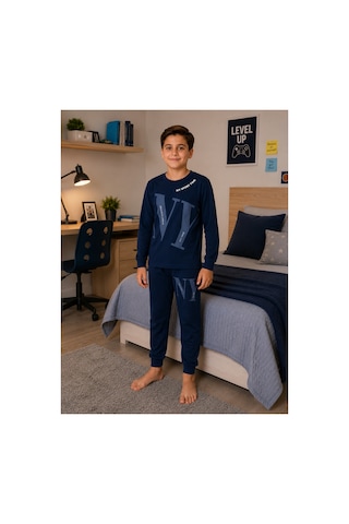 Formo Erkek Çocuk %100 Doğal Pamuk Manşet Paça Uzun Kollu Pijama Takımı Mavi