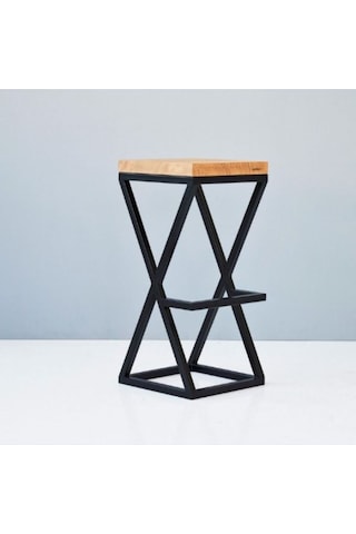 X Sheped Doğal Ahşap Bar Taburesi Siyah