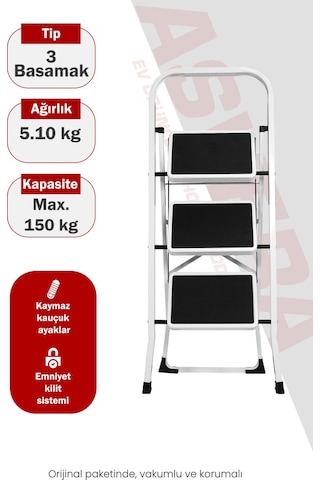 Asvera Space 3 Basamaklı Ev Tipi Metal Merdiven - Katlanır Geniş Kaymaz Mutfak Ve Ev Merdiveni Slim