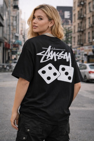 Unisex Stussy Zar Sırt Baskılı Oversize Kalın Kumaş Bol Kalıp Unisex T-shirt Siyah