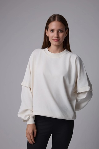 Defys Kadın Bisiklet Yaka Kol Detaylı Oversize Fit Basic Sweatshirt Ekru - 598314741 Ekru