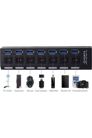 Alfais 5258 7 Port Usb 3.0 2.0 Hub Çoklayıcı Çoğaltıcı Anahtarlı Switch