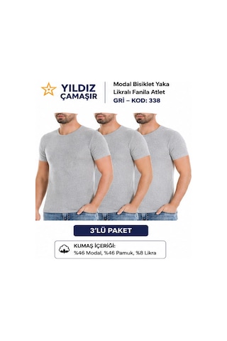 Yıldız Çamaşır Erkek Modal Bisiklet Yaka Likralı Fanila Atlet 335-336-337-338 - 3 Adet Gri
