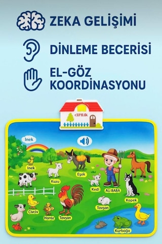 Eğitici Çiftlik Halısı - Sesli ve Işıklı Dokunmatik Bebek Aktivite Oyun Matı 48x60 CM