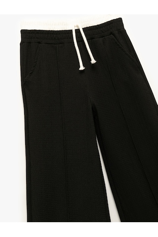 Koton Beli Bağcıklı Bürümcük Kumaş Basic Geniş Paça Pantolon Siyah 5skg40215ak Siyah