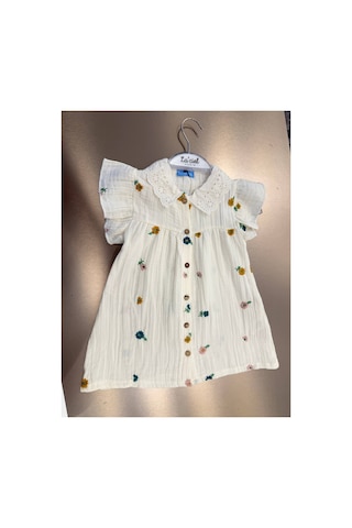 Poala Kids Müslin Çiçek Nakışlı Elbise Beyaz