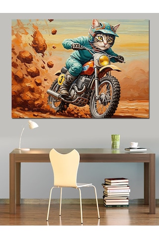 Ahşap Tablo Motosiklet Süren Kasklı Komik Kedi