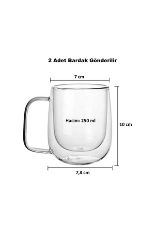 2 Adet Çift Cidarlı Cam Kupa Bardak 250 Ml Çift Camlı Bardak Kupa Double Walled Glass Açık Ahşap