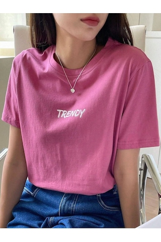Trendy T-shirt - Pembe Oversize Baskılı Bisiklet Yaka Pembe