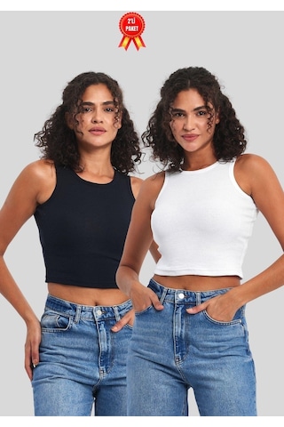 Mmetalic Kadın Siyah-beyaz Fitilli Görünümlü Askılı Kalın Esnek Örme 2'li Basic Crop Atlet Bluz 001