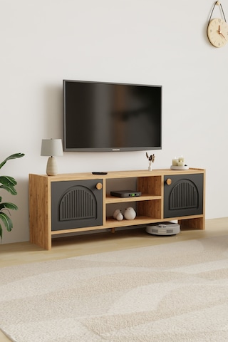 Molde Bohem Tv Sehpası Mdf Membran Kapaklı Raflı Tv Ünitesi Televizyon Sehpası Atlantik Çam - Antrasit