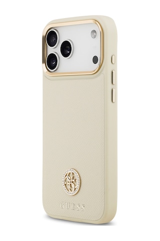 Apple Uyumlu iPhone 17 Pro Max Kılıf Guess Lisanslı M-safeli Grained Yazı Ve Taşlı 4g Logolu Kapak Bej Bej