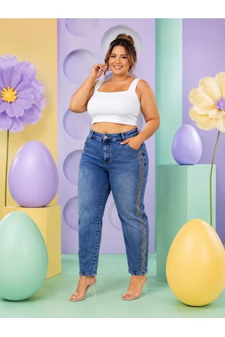 Battal Mom Kesim Yan Şerit Detaylı Denim Kadın Pantolon Lacivert