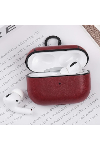 Apple Uyumlu AirPods Pro 3 2025 Lüx Deri Suni Deri Kılıf 360 Koruma+kanca Bordo