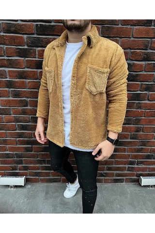 Unisex Camel Düğme Detaylı Cepli Peluş Ceket Camel