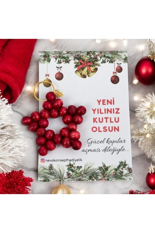 Yılbaşı-yeni Yıl Hediyesi 5 Adet Kırmızı Ahşap Boncuk Yıldız Anahtarlık