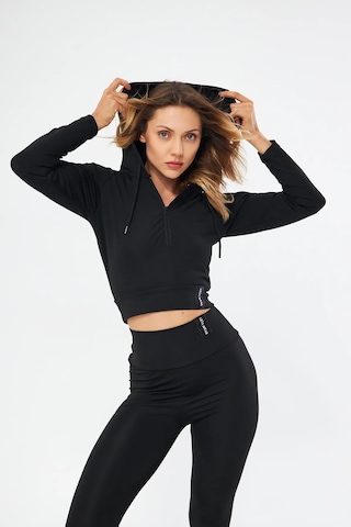 Lesa Wear Kapüşonlu Içi Polarlı Yumuşacık Şardonlu Kaşkorse Crop Likralı Sweatshirt Siyah