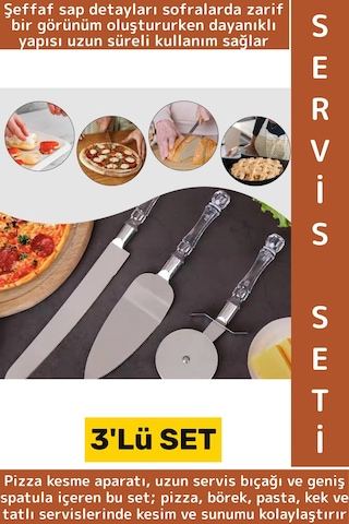 Premium Mutfak Pizza Börek Tatlı Düğün Pastası Kesme Sunum Şık Şeffaf Sap Detayı 3 Parça Servis Seti Çok Renkli