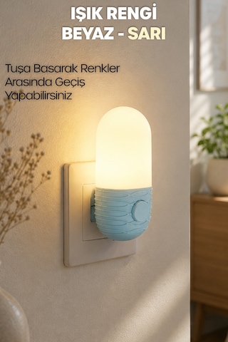 Gece Lambası Elips Tip 2 Mod Sarı-beyaz Işık Tuşlu Koridor Hol Işığı Uyuma Işığı Mavi K7064