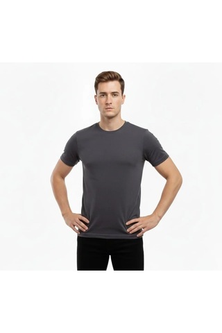 Etiler Collection Erkek T-shirt Bisiklet Yaka Slim Fit Dar Kesim Likralı Tişört Günlük Basic Body - Füme