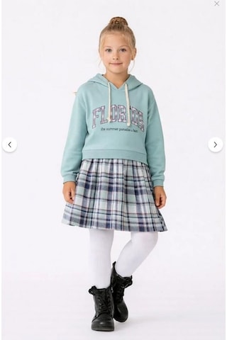 Kız Çocuk Sweatshirt Görünümlü Ekose Desenli Elbise-1710-m- Mavi
