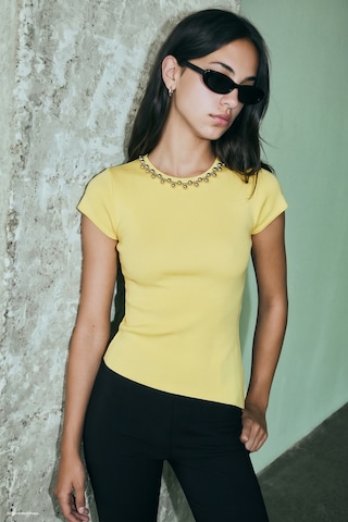 Sateen Kolyeli Kısa Kol Triko - Sarı-137950