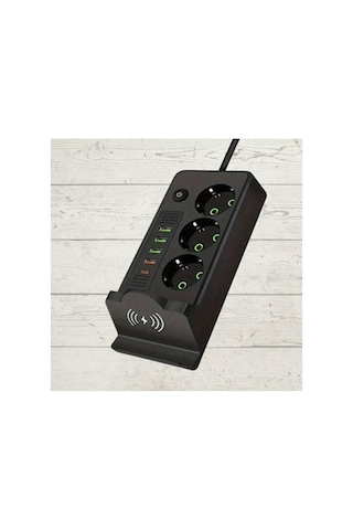 3 Lü Temassız Hızlı Şarj 4 Usb' Li 1 Typ-c Girişli Grup Priz Siyah Renk