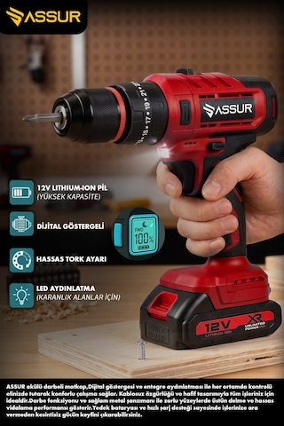 Assur ASR233 12V Çift Akü Dijital Gösterge Akülü Vidalama Kırmızı