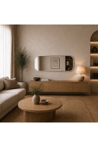 Modern Yuvarlatılmış Köşeli Boy Aynası 40x120 Cm Minimalist İnce Çerçeveli Dekoratif Duvar Aynası Gümüş
