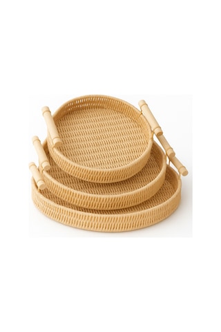 Natura - 3'lü Yuvarlak Rattan Hasır Servis Ve Sunum Tepsisi Seti Ahşap Saplı Dekoratif Tepsi Bej