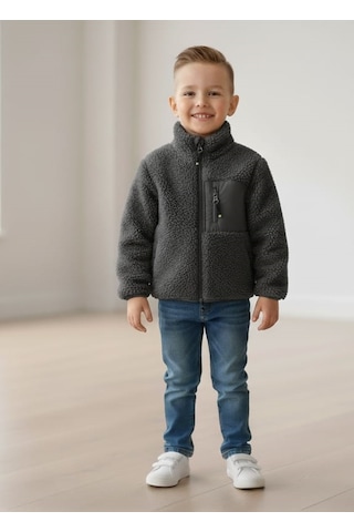 Smalltouch Unisex Çocuk Yumuşak Dokulu Astarlı Fermuarlı Cepli Peluş Hırka Füme