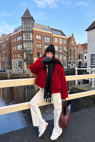 Nilza Kadın Teddy Peluş Ceket Kapüşonlu Fermuarlı Cepli Oversize Sweatshirt Kırmızı
