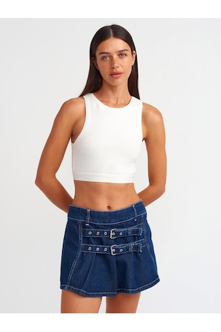 Dilvin Kemer Detaylı Mini Denim Etek Lacivert