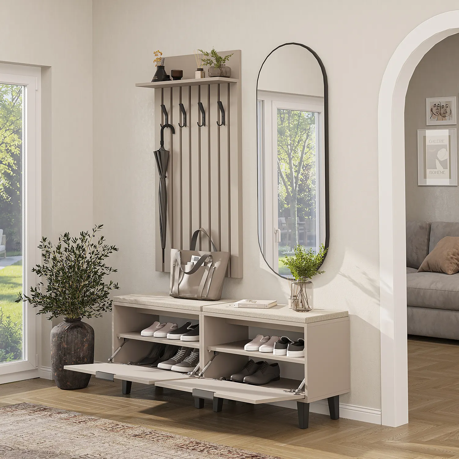 Nord Vestiyer Takımı Lambri Askılıklı, 2 Adet Kapaklı Bench, Modüler, Oval Aynalı Portmanto Takımı Kumtaşı