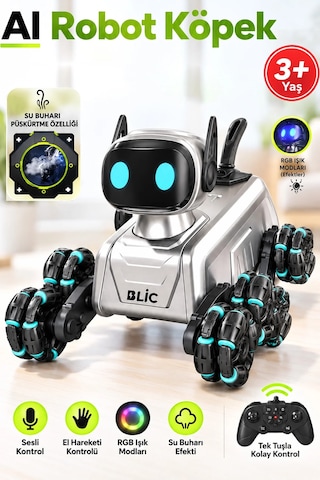 Exenar - Akıllı Aı Robot Köpek Kumandalı Ses Kontrollü Akrobatik Hareketli Işık Sesli Efektli Şarjlı Oyuncak Siyah